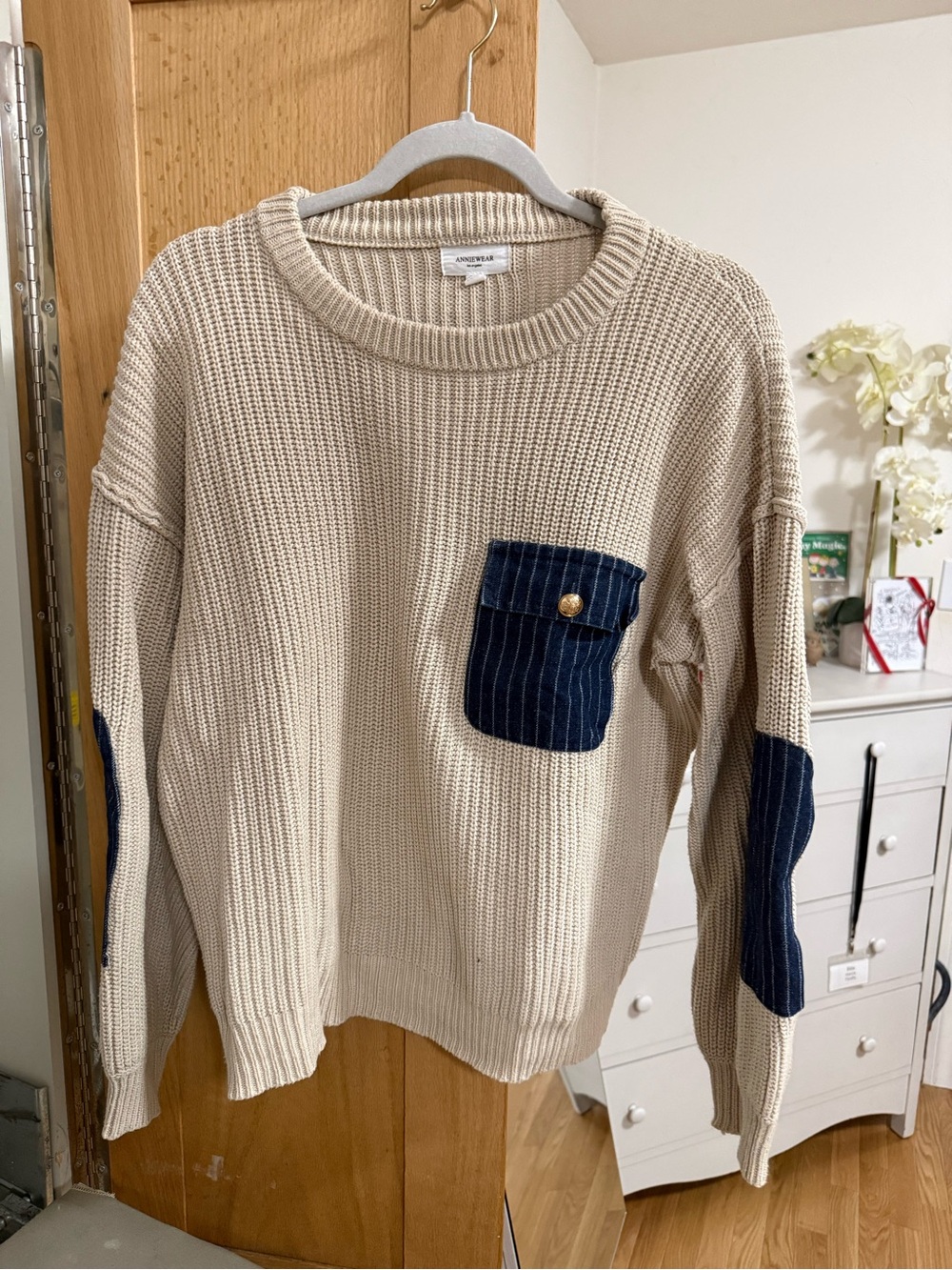 Anthropologie Cream Knit Crewneck Sweater with Navy Patch Pocket